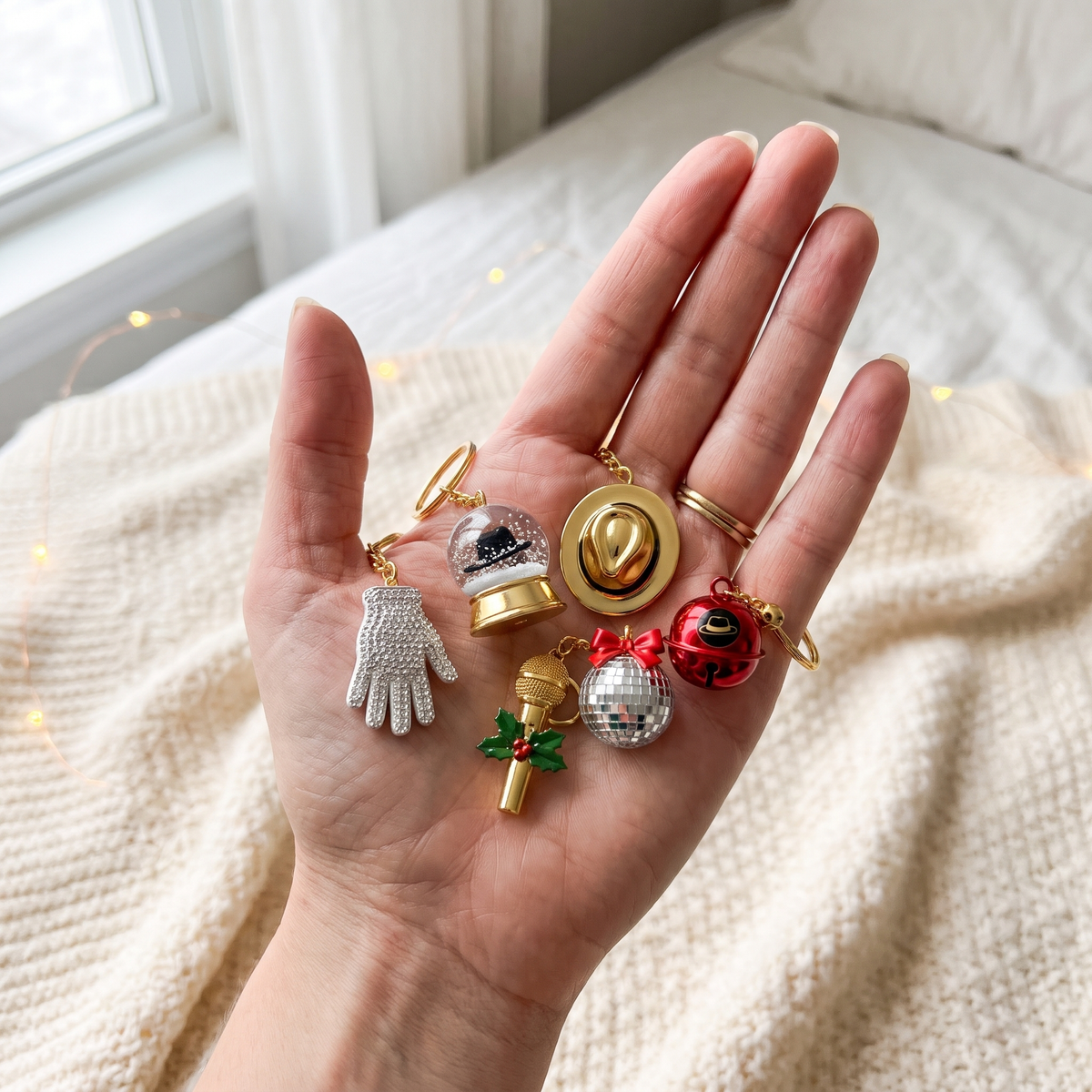 Six tiny keychains from the calendar resting in an open palm